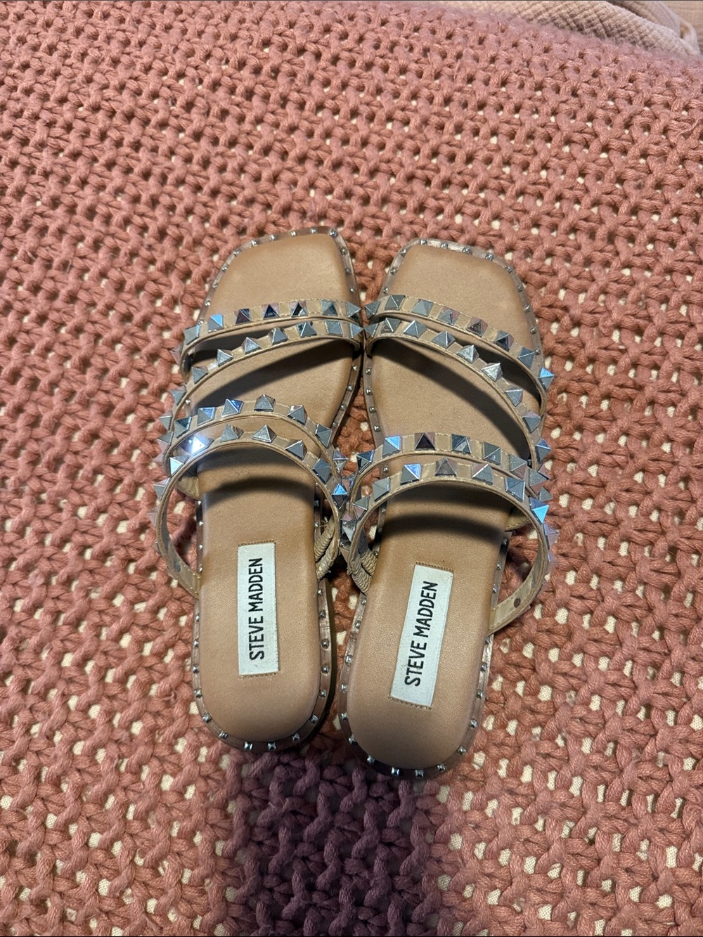 Steve Madden Beige Slide Sandals with Silver Pyramid Studs